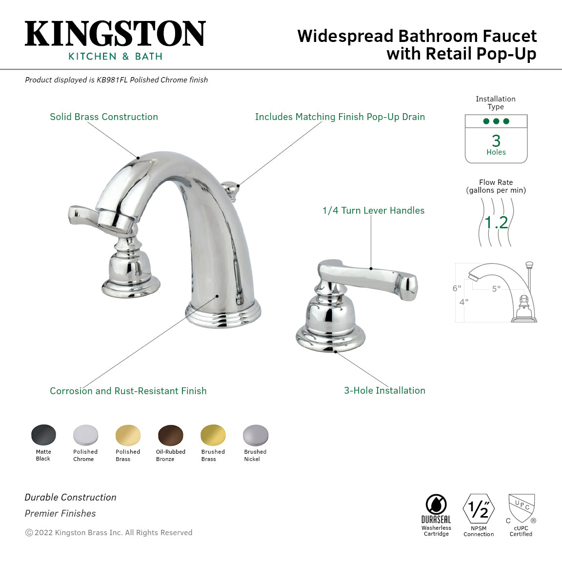 Kingston Tulare KB981FL - Royale Two-Handle 3-Hole Deck Mount Widespread Bathroom Faucet with Pop-Up Drain, Polished Chrome — thumbnail 2